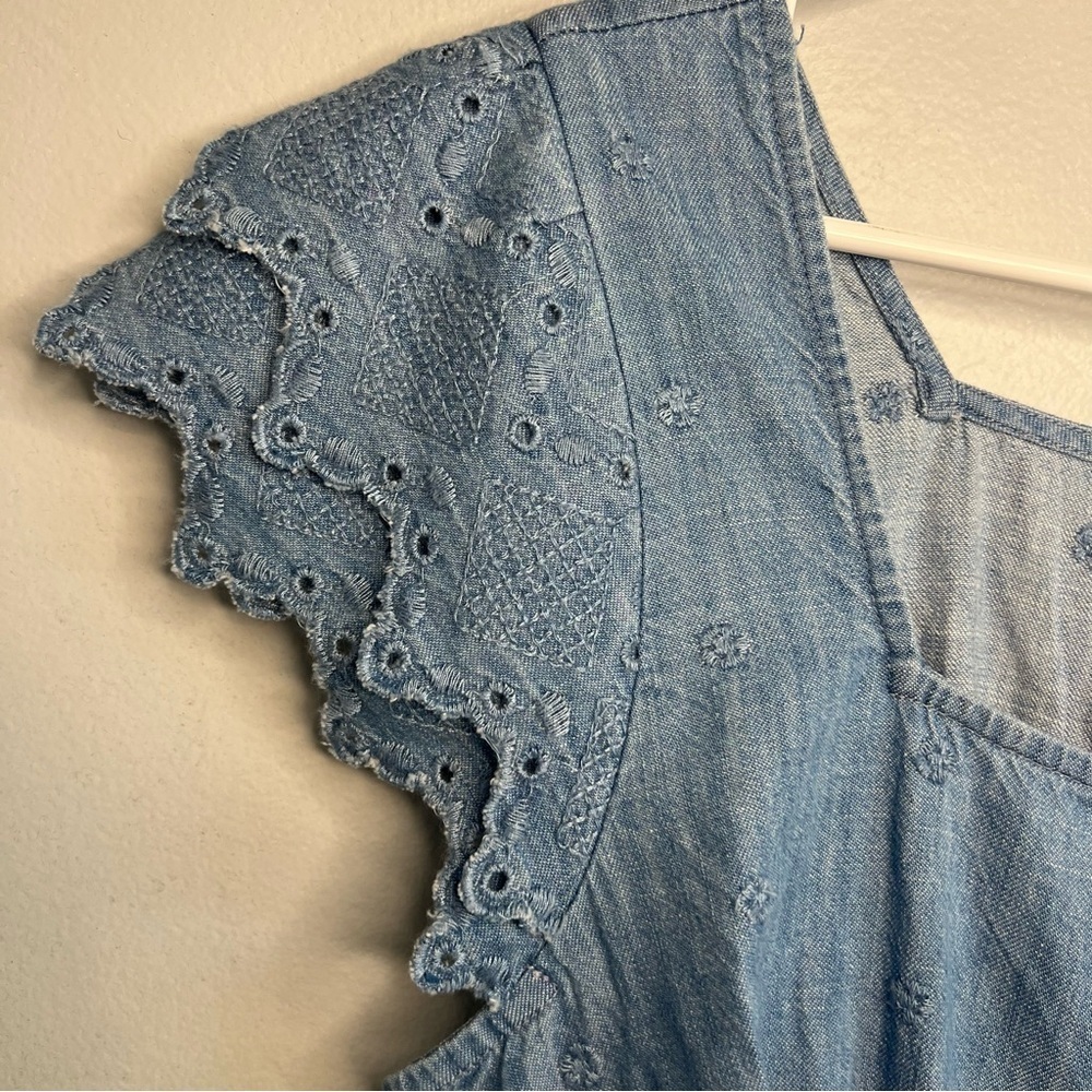 NWT Old Navy Denim Embroidered Mini Dress Cap Sleeve Square Neck Sz M Button Up - Picture 2 of 13